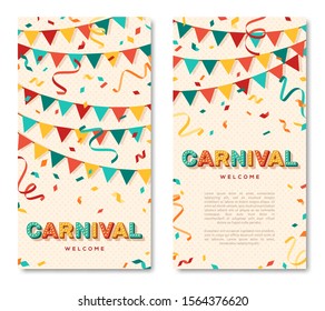 Carnival vertical banners with typography design. Vector illustration. Retro light bulbs font, streamers, confetti and hanging flag garlands.