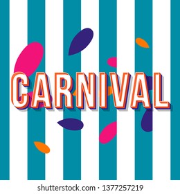 Carnival vintage 3d vector lettering. Retro bold font. Pop art stylized text. Old school style letters. Festive promo poster, banner typography design. White and blue striped color background 