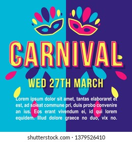 Carnival vintage 3d vector lettering. Retro bold font. Pop art stylized text with masks. Old school style letters. Festive promo poster, banner typography design. Turquoise, purple color background 