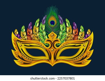 Carnival yellow mask decorated with beads, bundle of colorful feathers. Detailed illustration in vintage style