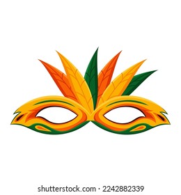 Carnival yellow mask with green feathers template. Bright decoration for theatrical celebrations in venetian style as elegant vector face disguise