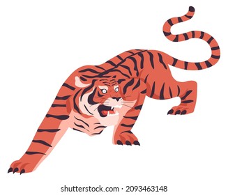 Carnivore animal with angry expression and posture, isolated roaring Bengal tiger ready to attack or defend. Wilderness and wild feline predators, wildcat or panter portrait. Vector in flat style