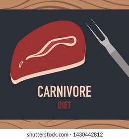 Carnivore diet banner template. Red meat diet. Weight loss meal, healthy eating. No vegetables dishes restaurant menu. Zero carb diet concept. Meat dish on wooden table top view