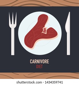 Carnivore diet banner template. Red meat diet. Weight loss meal, healthy eating. No vegetables dishes restaurant menu. Zero carb diet concept. Meat dish on wooden table top view