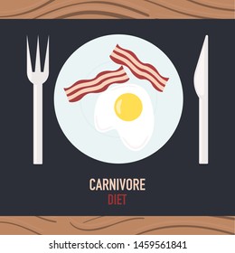 Carnivore diet banner template. Red meat diet. Weight loss meal, healthy eating. No vegetables dishes restaurant menu. Zero carb diet concept. Fried egg with bacon dish on wooden table top view