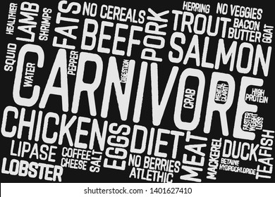 Carnivore diet chalk word cloud concept template. Carnivore chalk lettering graphic design for banners on black board. Modern word illustration for carnivore diet magazines.