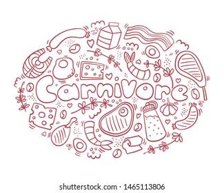 Carnivore diet doodle. Meet, cheese, eggs, fish, steak, rosemary. Healthy food. Be carnivore. Diet logo.