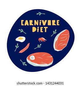 Carnivore diet. Hand drawn elements of carnivore diet as shrimp, meat, eggs, sausage. 