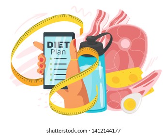 Carnivore diet plan app vector web banner template. Healthy eating, lifestyle. Slimming, calories counting recipes for women poster. Hand holding smartphone. Raw meat, animal products illustration