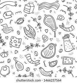 Carnivore diet seamless pattern doodle. Food pattern with pork, meat, shrimp, egg, cheese, sausage, fish, steak,bacon,butter, rosemary. Healthy food. Be carnivore. Outline food pattern.