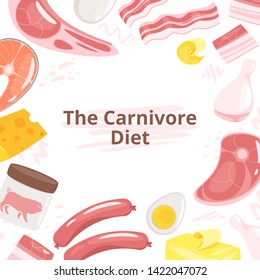 Carnivore diet social media banner flat vector template. Cheese, egg, bacon meal ingredients illustration. No vegetables dishes restaurant menu. Zero carb diet poster with typography