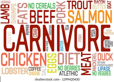 Carnivore diet word cloud concept template. Carnivore lettering graphic design for banners. Modern word illustration for carnivore diet magazines.