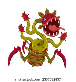 Carnivore Plant with sharp tentacles and limbs. Monster Flower as Fantastic Flora. Halloween character. Cartoon vector illustration.