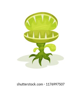 Carnivore plant with teeth, fantastic malicious green plant vector Illustration on a white background