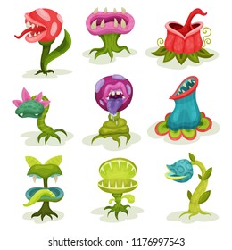 Carnivore plants set, colorful fantastic malicious killer flowers with teeth vector Illustrations on a white background