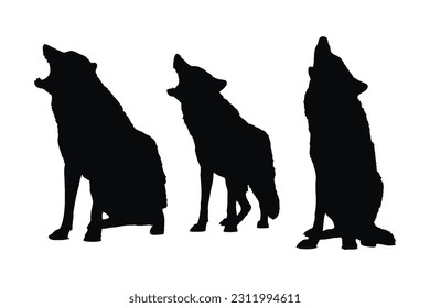 Carnivore wolves silhouette bundle. Dangerous wild animals like wolf, silhouettes on a white background. Wolf full body silhouette collection. Wild wolves sitting and howling in different positions.