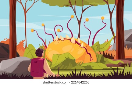 Carnivorous monster plant cartoon poster with man finding scary flower vector illustration