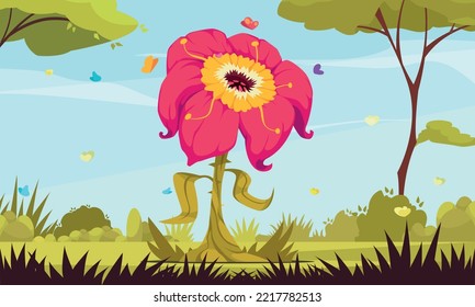 Carnivorous monster plant cartoon poster with wild colorful flower and insects around vector illustration