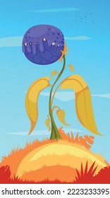 Carnivorous monster plant cartoon poster with wild blue scary flower vector illustration