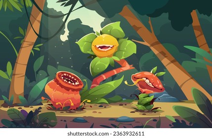 Carnivorous plant background. Cartoon jungle flora with scary jaws and teeth, botanical flower with mouth and teeth for magazine cover design. Vector illustration of cartoon jungle tropical