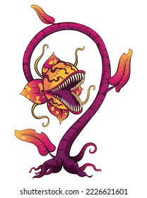 Carnivorous plant. Cartoon flytrap or flower predator. Angry flower with teeth. Monster plant icon. Vector illustration