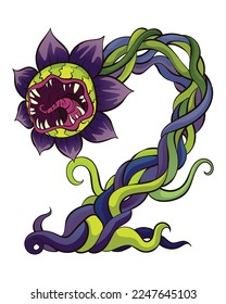 Fleischfresser-Pflanze. Cartoon-Fliegenfalle oder Blumenräuber. Wütende Blume mit Zähnen. Monster-Pflanzensymbol. Vektorgrafik