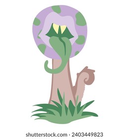 Carnivorous plant. Cartoon flytrap or flower predator. Vector illustration of Angry flower with teeth and tongue. Monster plant icon. Flat style Fantasy Alien Flora, Botanical Art isolated on white.