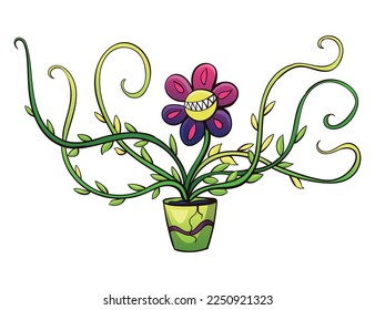 Planta carnívora. Freno de caricatura en la olla. Predador de flores. Flor enojada con dientes. Icono de planta de monstruo. Ilustración del vector