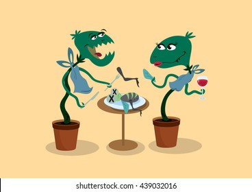 Carnivorous plant cartoon. Funny vector illustration. Couple dinner