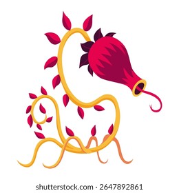 Carnivorous plant in fantasy design. Cartoon flytrap in pot, plant monster. Vector flower predator with teeth isolated on white background