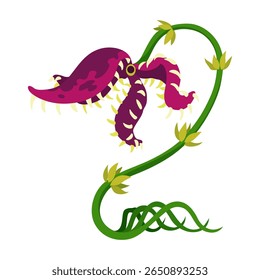 Carnivorous plant in fantasy design. Cartoon flytrap in pot, plant monster. Vector flower predator with teeth isolated on white background