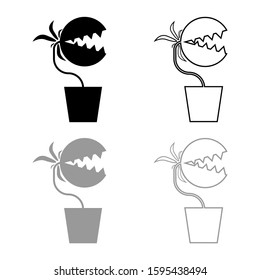 Carnivorous plant Flytrap Monster with teeths in pot icon outline set black grey color vector illustration flat style image