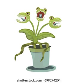 Carnivorous plant in a pot. Vector illustration for Halloween, isolated on white background.