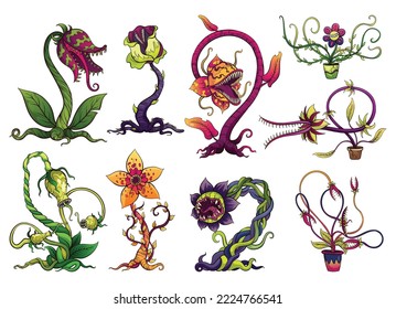 Carnivorous plant set. Cartoon flytraps or flower predators. Angry flowers with teeth. Monster plant icons. Vector illustration