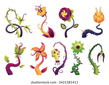 Carnivorous plant set. Cartoon flytraps or flower predators. Angry flowers, monster plant icons. Vector illustration