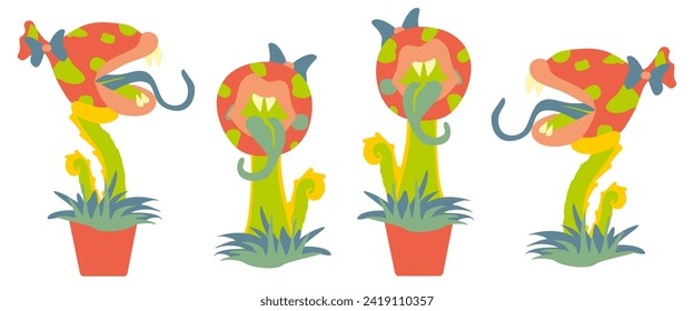 Carnivorous Plant Set, Monster Flora in Flower pot. Vector Fantasy Scary Flat Illustration Isolated on white. Cartoon Angry flowers with Teeth and Fangs. Design elements for Game, App, Card, Cartoon.