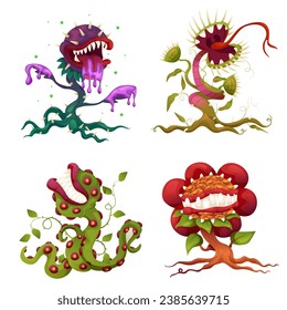 Carnivorous plant set, monster plants. Vector fantasy scary flower icons. Cartoon flytraps or flower predators. Angry flowers with teeth.