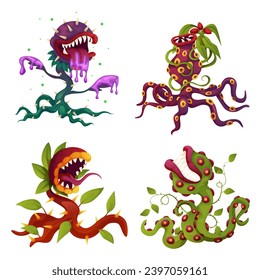 Carnivorous plant set, monster plants. Vector fantasy scary flower icons. Cartoon flytraps or flower predators. Angry flowers with teeth.