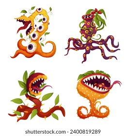 Carnivorous plant set, monster plants. Vector fantasy scary flower icons. Cartoon flytraps or flower predators. Angry flowers with teeth.