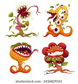 Carnivorous plant set, monster plants. Vector fantasy scary flower icons. Cartoon flytraps or flower predators. Angry flowers with teeth.