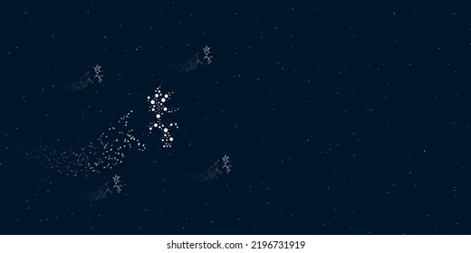 A carnivorous plant symbol filled with dots flies through the stars leaving a trail behind. There are four small symbols around. Vector illustration on dark blue background with stars