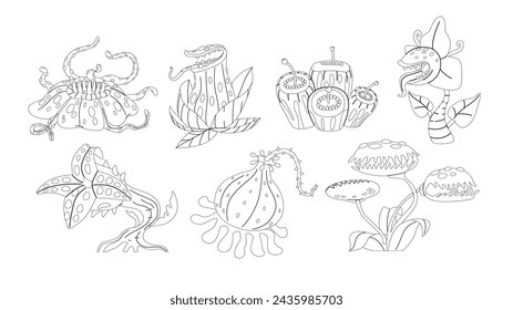 Carnivorous Plants Isolated Outline Vector Icon Set. Fascinating Organisms That Trap And Digest Insects Or Small Animals