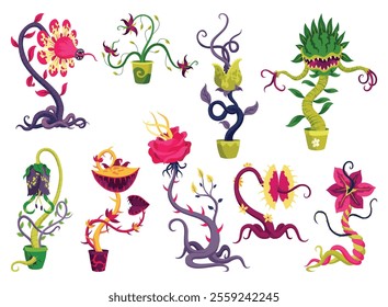 Carnivorous plants set in fantasy design. Cartoon flytraps in pots, plants monsters. Vector flowers predator with teeth isolated on white background