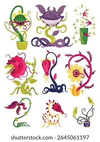 Plantas carnívoras em design de fantasia. Flytraps de desenhos animados em potes, plantas e monstros. Predador de flores vetoriais com dentes isolados sobre fundo branco
