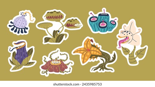 Carnivorous Plants Stickers Set. Wild Organisms That Trap And Digest Insects Or Small Animals, Vector Patches