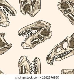 Carnivorous reptile dinosaur fossils seamless pattern. Trex fossilized skull wallpaper. Archosaurus rossicus and Prestosuchus chiniquensi vector background tile