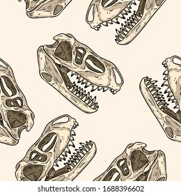 Carnivorous reptile dinosaur fossils seamless pattern. T-rex fossilized skull wallpaper. 