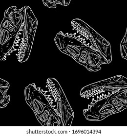 Carnivorous reptile dinosaur fossils seamless pattern. Trex fossilized skull wallpaper. Vector background tile