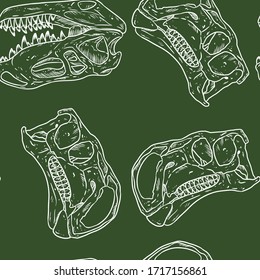 Carnivorous reptile dinosaur fossils seamless pattern. Trex fossilized skull wallpaper. Vector background tile