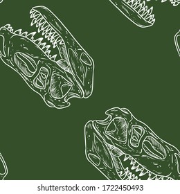 Faschierte Reptilien-Dinosaurierfossilien nahtloses Muster auf grünem Karton. Trex versteinerte Schädel-Karton-Tapete. Vektorhintergrund